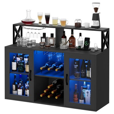 Bar Cabinet with Power Outlets, LED Lights, and Glass Holder