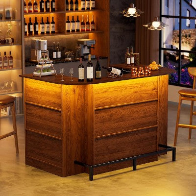 Bar Table Cabinet with LED, Adjustable Shelves, and Stemware Holders