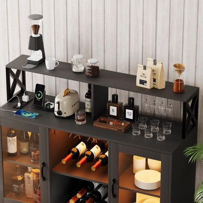 Bar Cabinet with Power Outlets, LED Lights, and Glass Holder