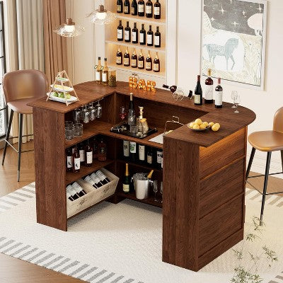 Bar Table Cabinet with LED, Adjustable Shelves, and Stemware Holders