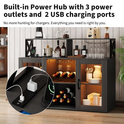 Bar Cabinet with Power Outlets, LED Lights, and Glass Holder